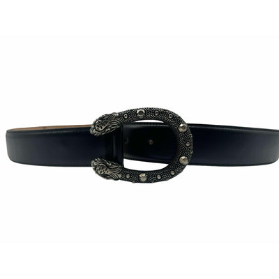 Gucci Dionysus Leather Black Belt w/ Double Tiger Head Buckle