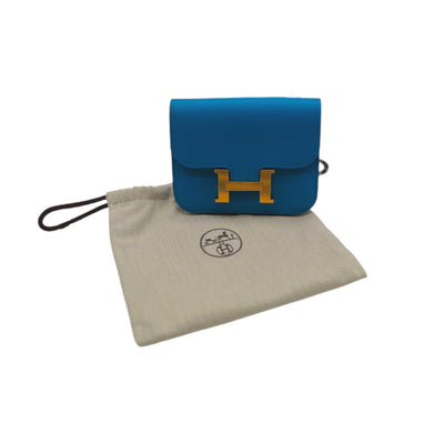 Hermès Evercolor Constance Slim Wallet In Blue With Gold Hardware