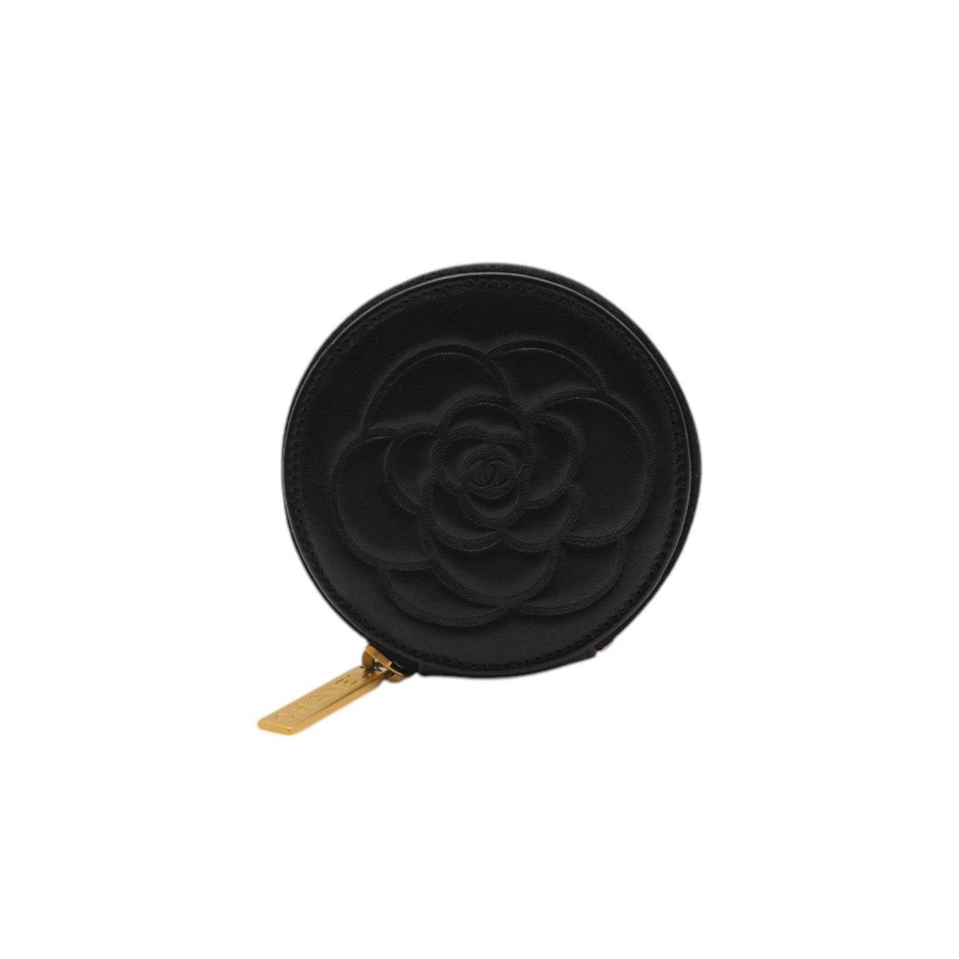 CHANEL Round Camellia CC Lambskin Coin Purse In Black