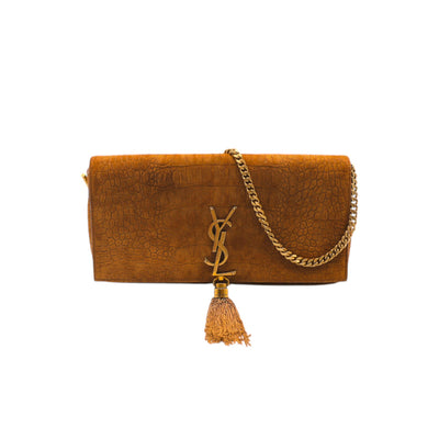 YSL Saint Laurent Crocodile Embossed Suede Monogram Tassel Kate 99 Bag