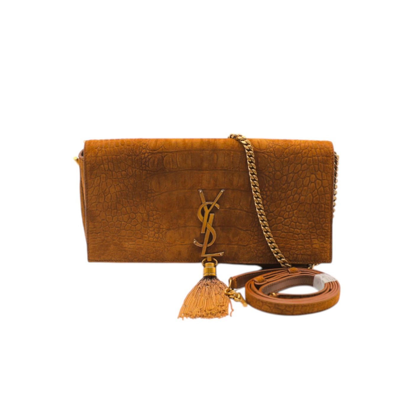 YSL Saint Laurent Crocodile Embossed Suede Monogram Tassel Kate 99 Bag