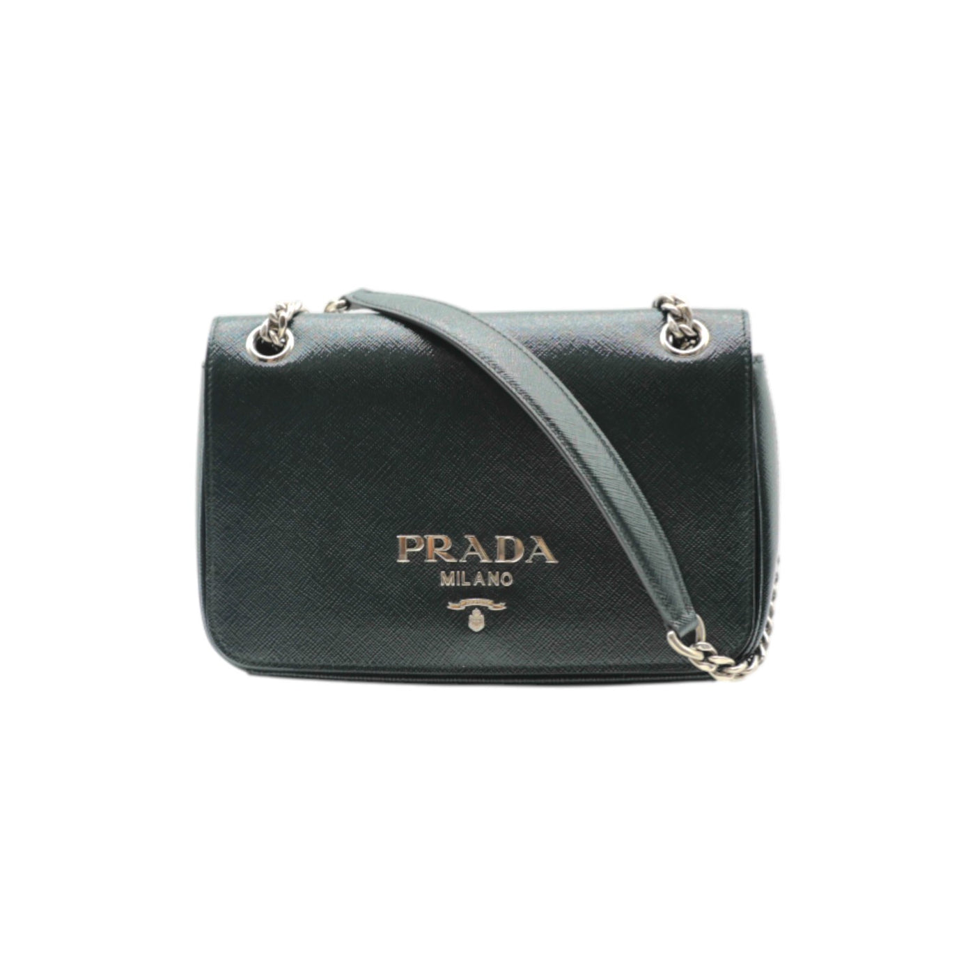 Prada Saffiano Vernice Chain Shoulder Bag In Dark Green