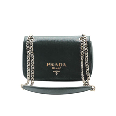 Prada Saffiano Vernice Chain Shoulder Bag In Dark Green