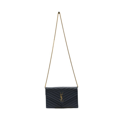 Yves Saint Laurent Leather Envelope Crossbody Bag in Black with Gold Chain