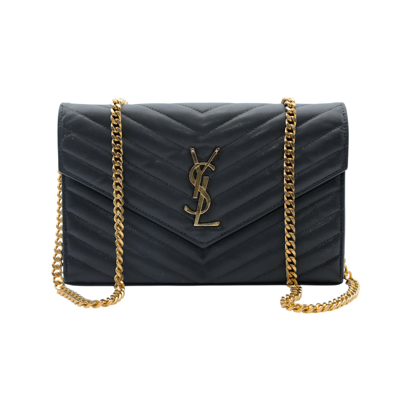 Yves Saint Laurent Leather Envelope Crossbody Bag in Black with Gold Chain