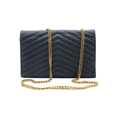 Yves Saint Laurent Leather Envelope Crossbody Bag in Black with Gold Chain