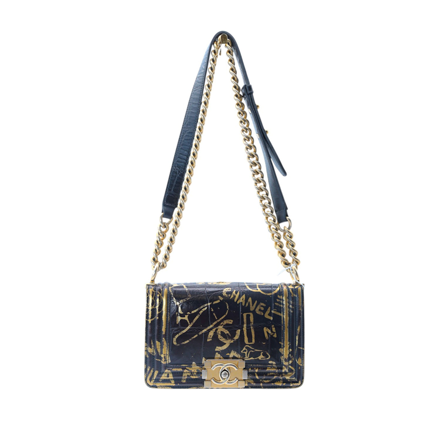 CHANEL Boy Small Calfskin Crocodile Embossed Graffiti Bag In Black