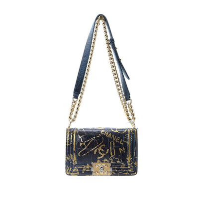 CHANEL Boy Small Calfskin Crocodile Embossed Graffiti Bag In Black