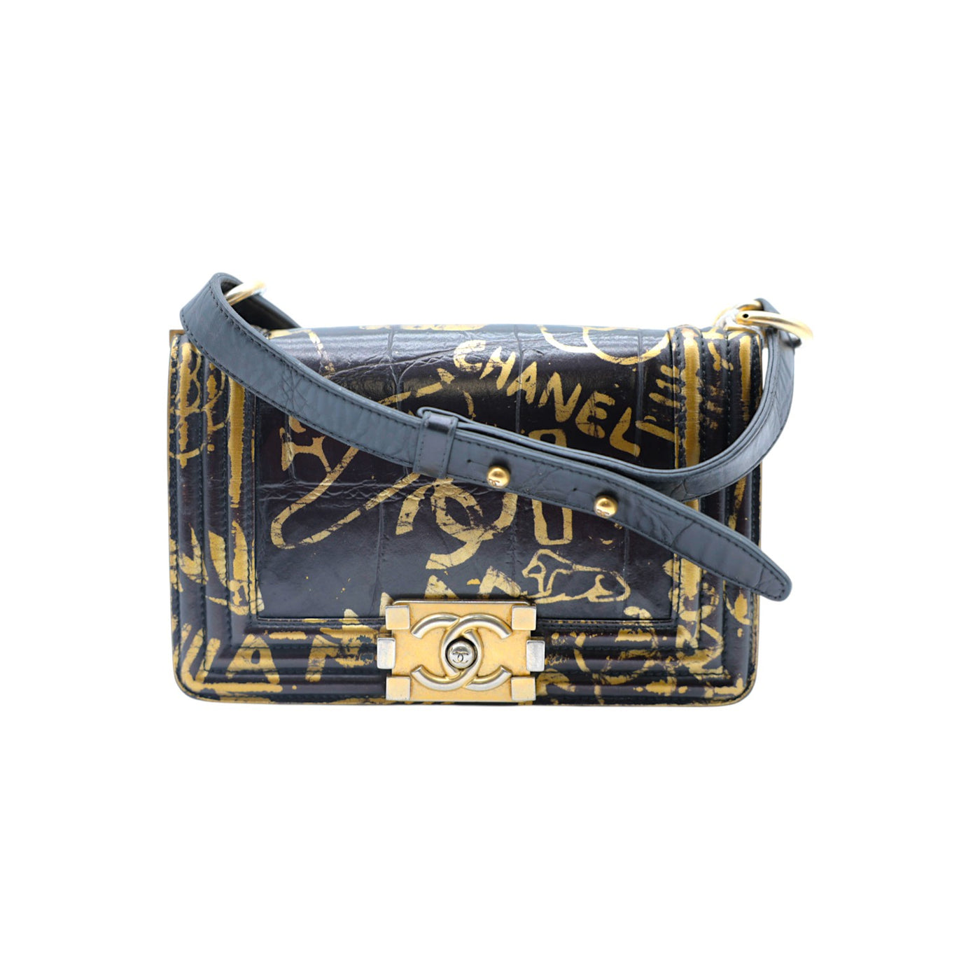 CHANEL Boy Small Calfskin Crocodile Embossed Graffiti Bag In Black