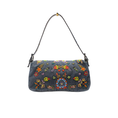 Fendi Floral Embroidered Denim Baguette Shoulder Bag
