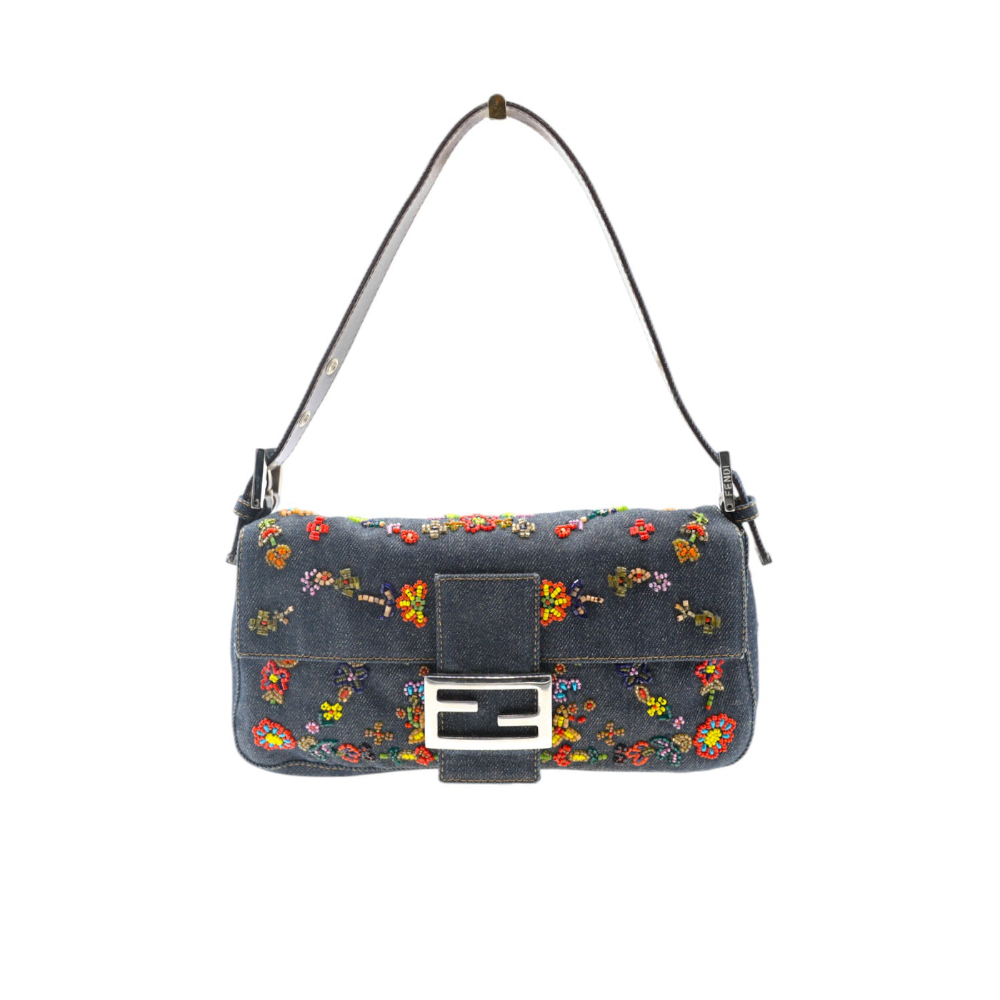 Fendi Floral Embroidered Denim Baguette Shoulder Bag