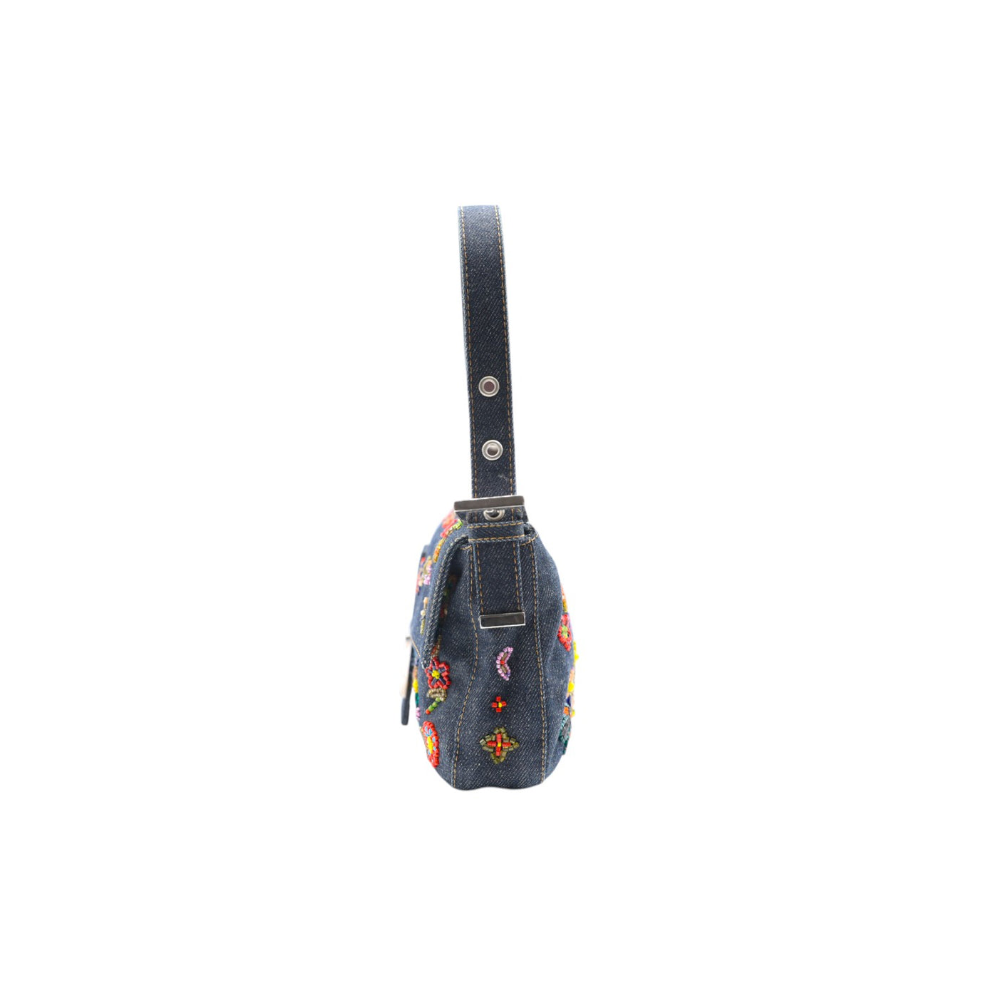Fendi Floral Embroidered Denim Baguette Shoulder Bag