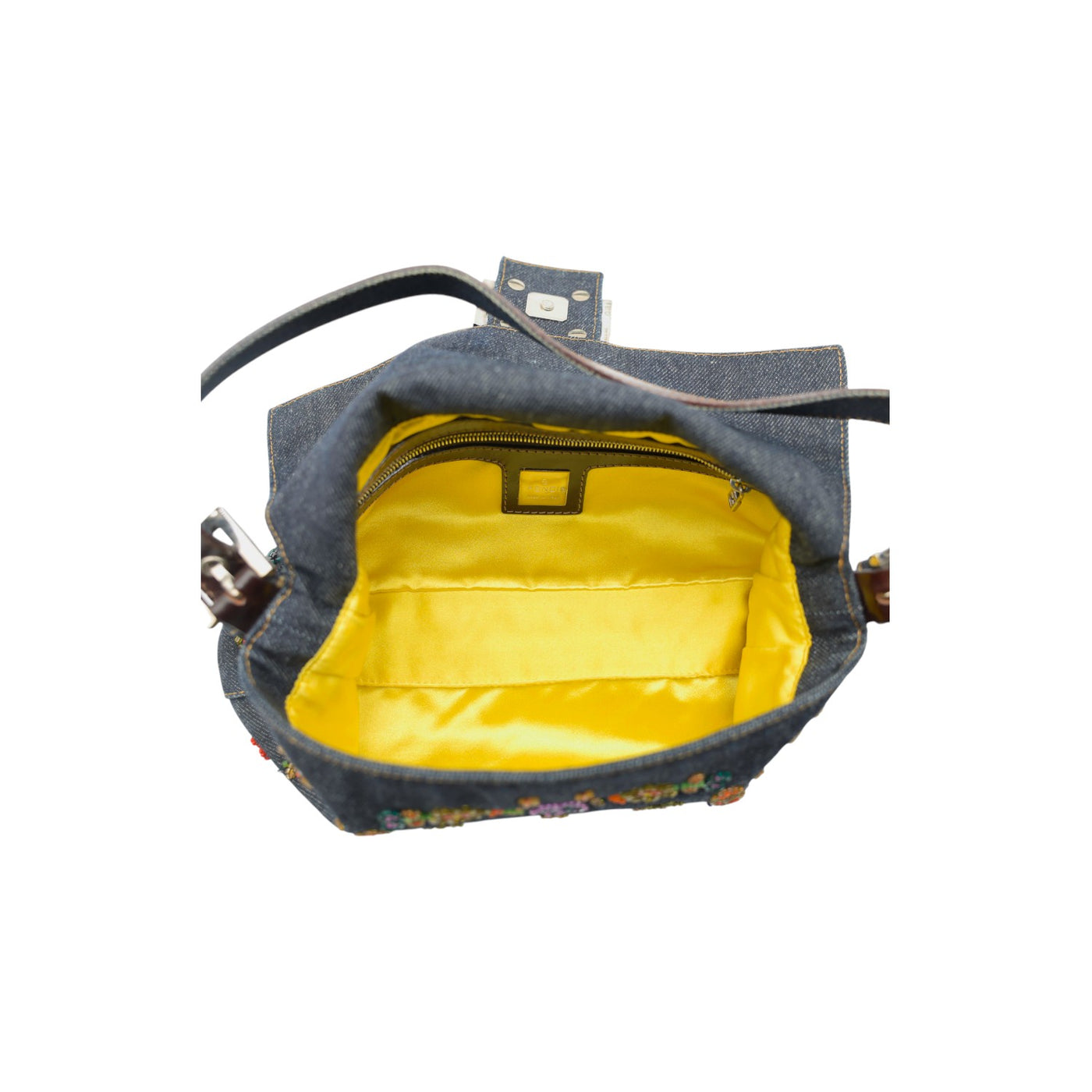 Fendi Floral Embroidered Denim Baguette Shoulder Bag