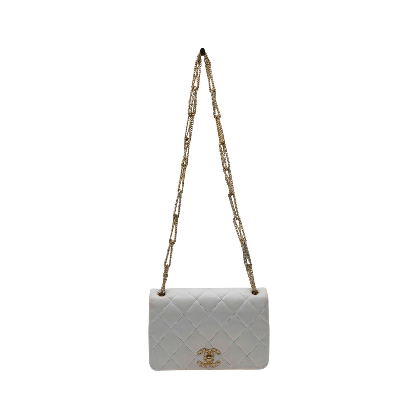 Chanel Diamond Quilted Shoulder Bag in White with Gold Chain
