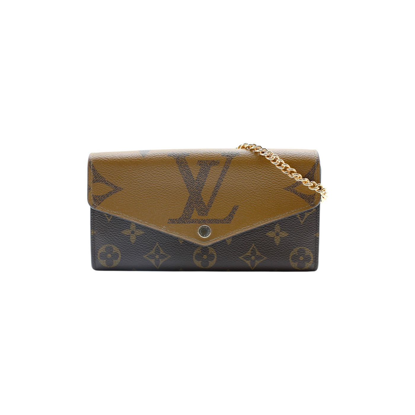 Louis Vuitton Reverse Monogram Sarah Leather Wallet in Dark Brown with Gold Chain Strap
