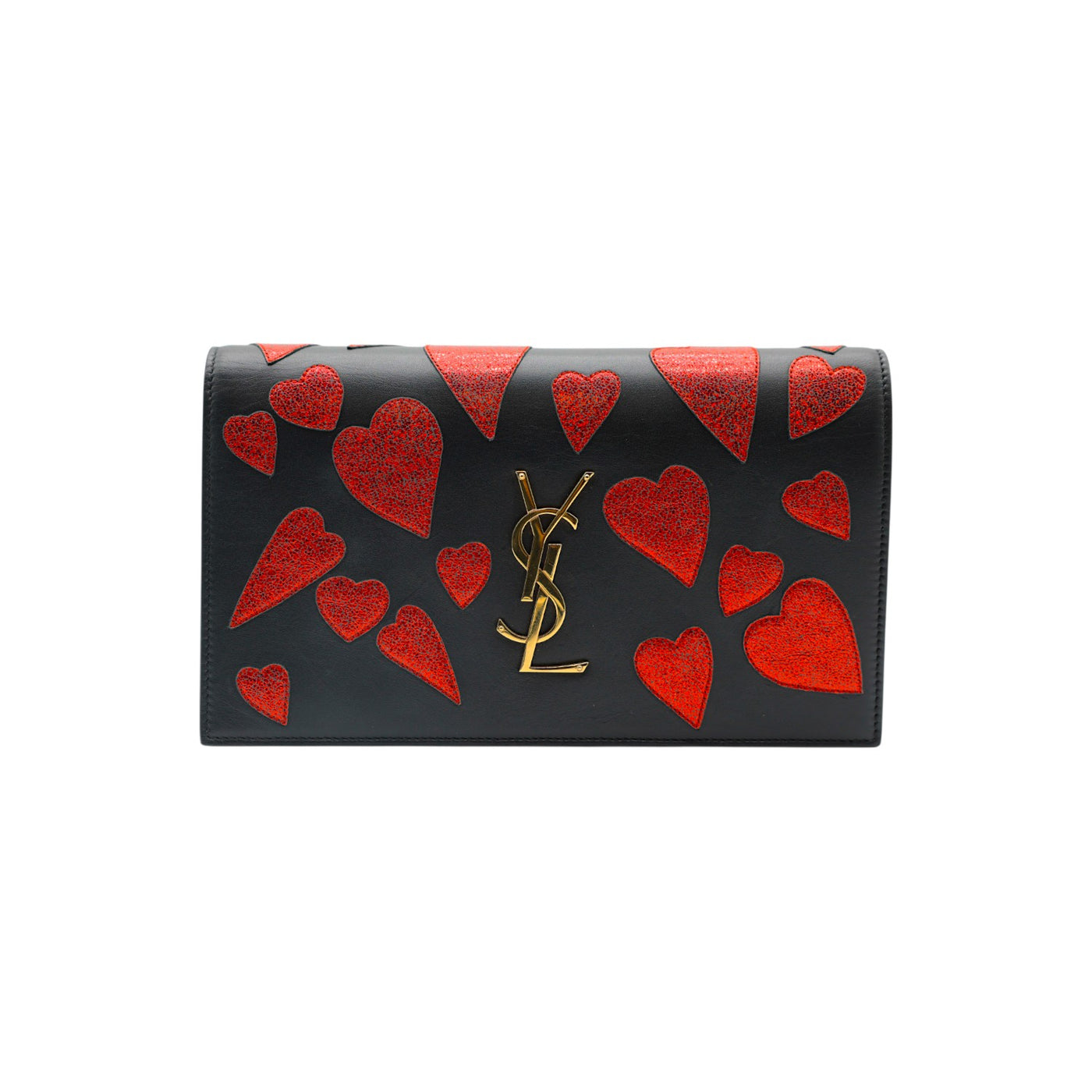 Yves Saint Laurent Leather Kate-Heart Patch Monogram Clutch Bag in Black and Red