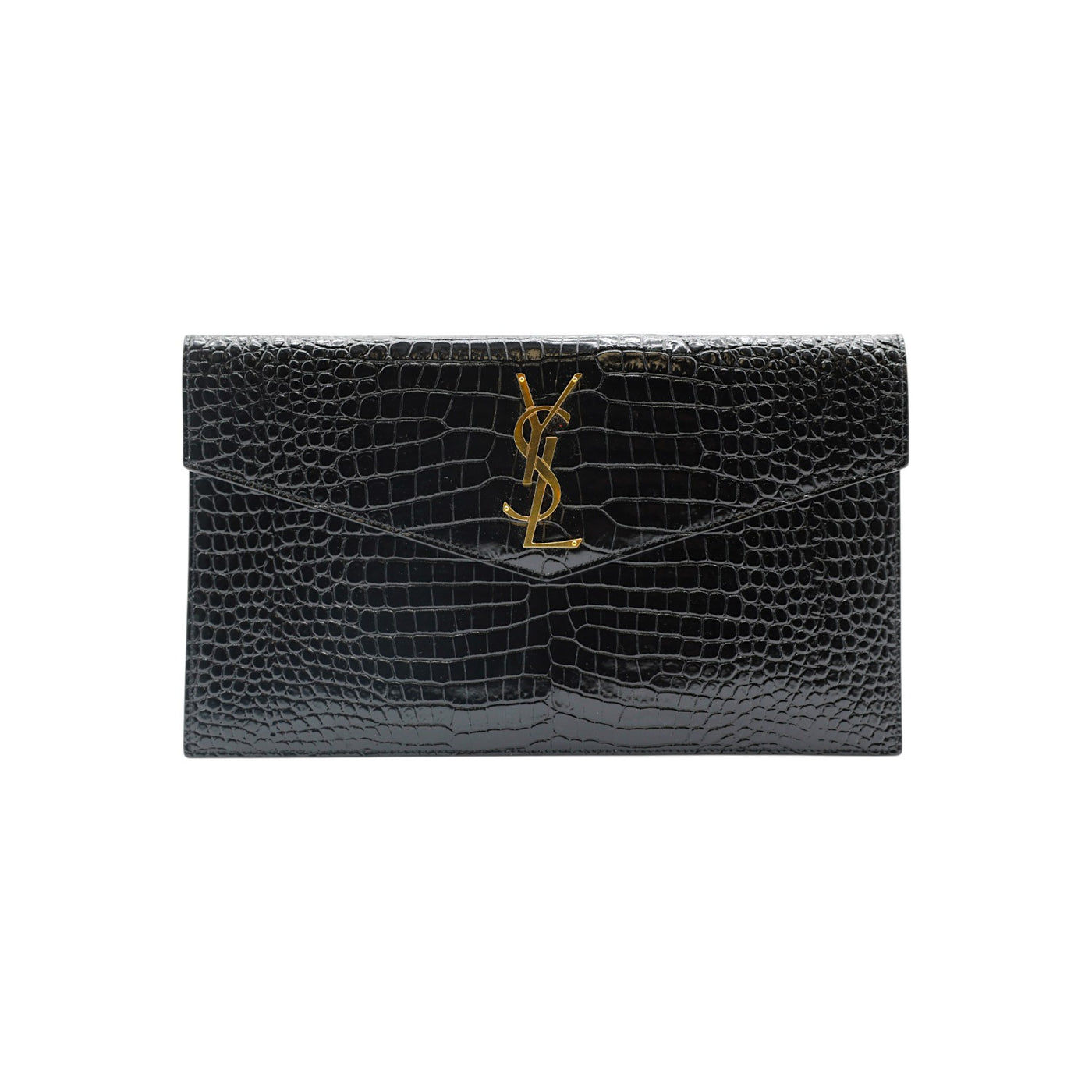 Yves Saint Laurent Calfskin Crocodile Embossed Uptown Monogram Pouch in Black