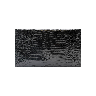 Yves Saint Laurent Calfskin Crocodile Embossed Uptown Monogram Pouch in Black