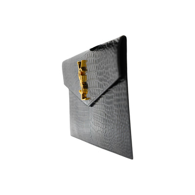 Yves Saint Laurent Calfskin Crocodile Embossed Uptown Monogram Pouch in Black