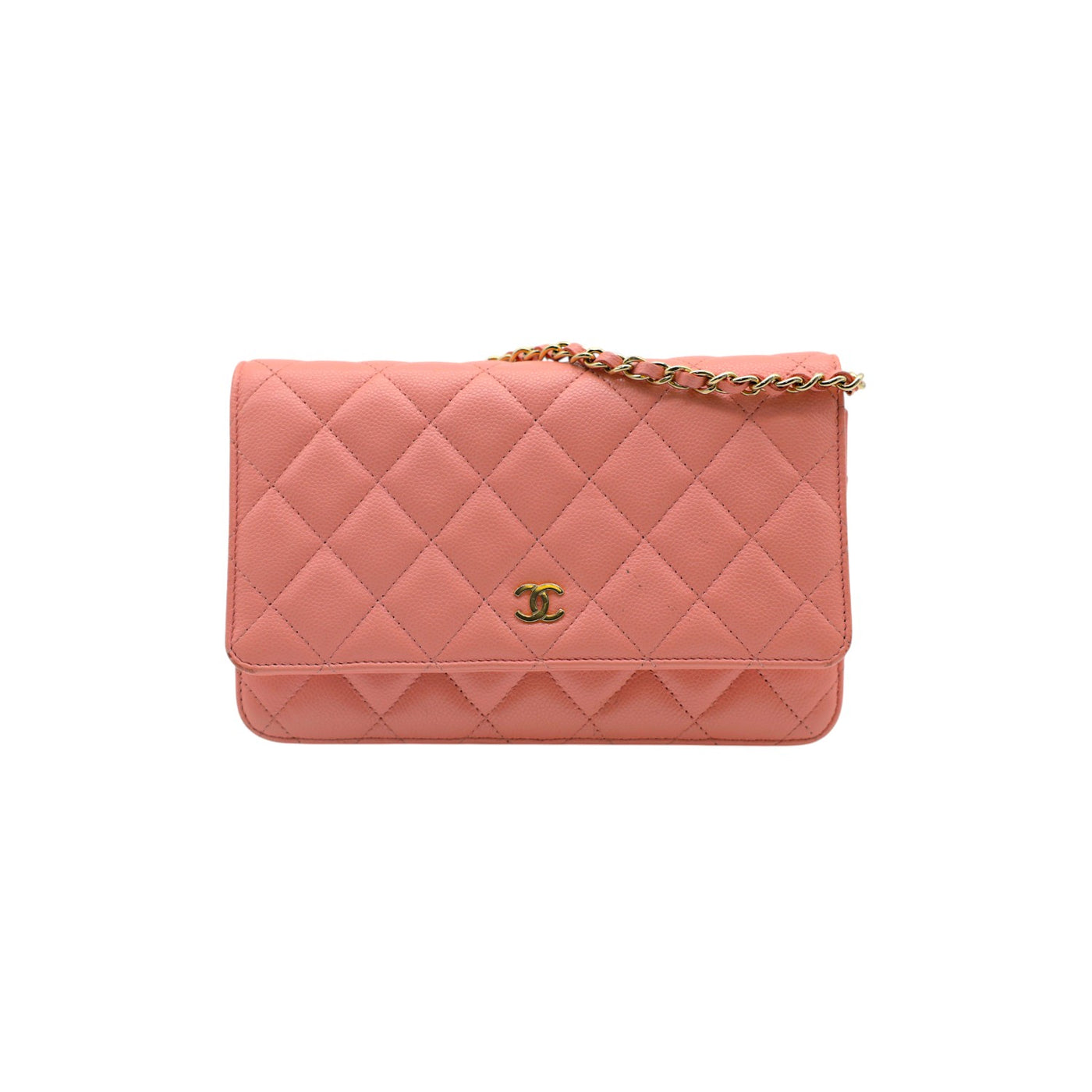 Iridescent Caviar Quilted Wallet On Gold Chain WOC in Rose Pink