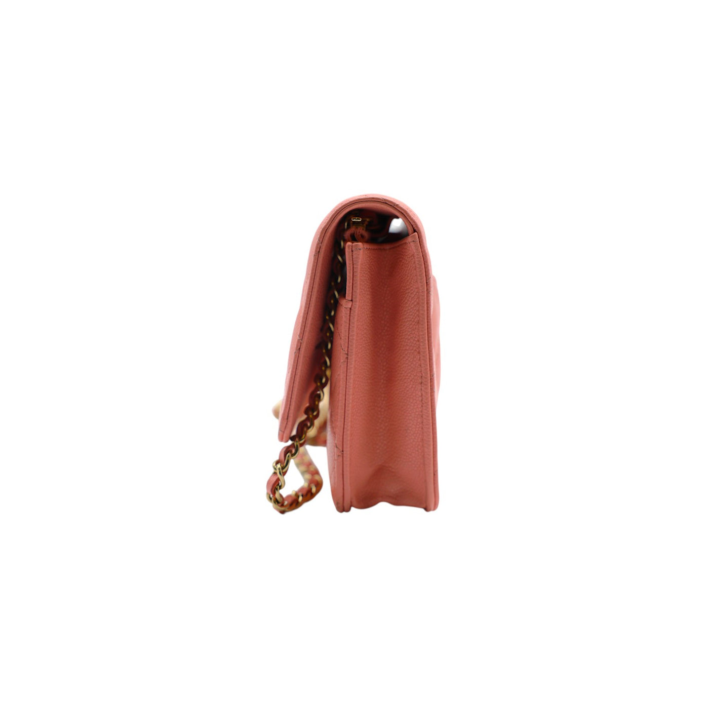 Iridescent Caviar Quilted Wallet On Gold Chain WOC in Rose Pink