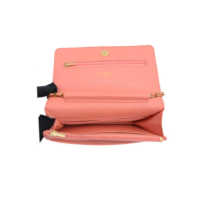 Iridescent Caviar Quilted Wallet On Gold Chain WOC in Rose Pink