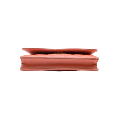 Iridescent Caviar Quilted Wallet On Gold Chain WOC in Rose Pink