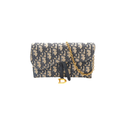 Christian Dior Blue Dior Oblique Jacquard Small Saddle Pouch With Chain