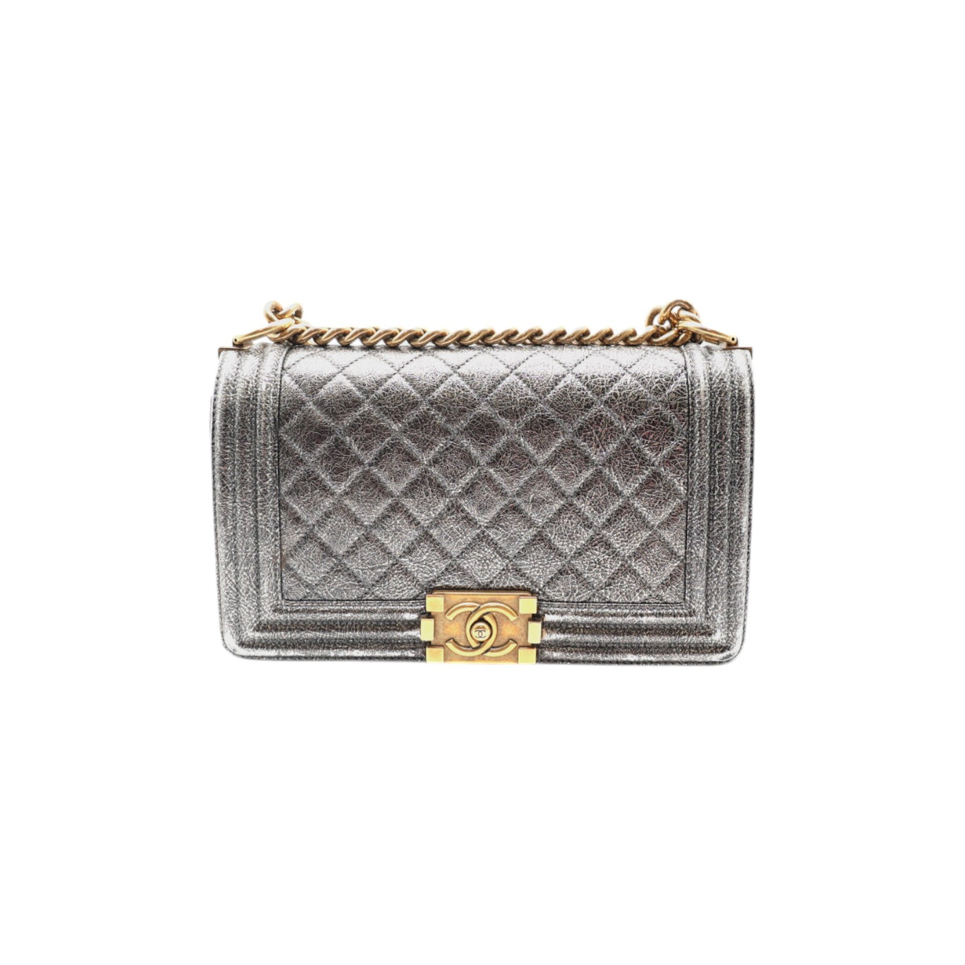 CHANEL Boy Medium Calfskin Metallic Silver With Gold Hardware And Chain Strap