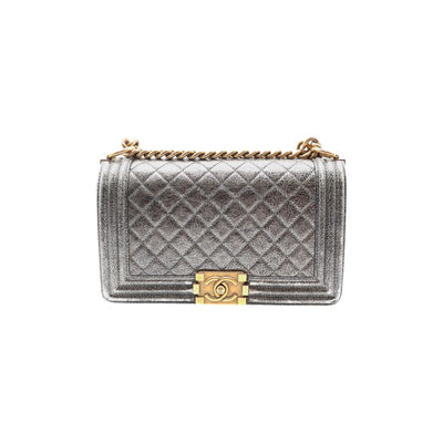 CHANEL Boy Medium Calfskin Metallic Silver With Gold Hardware And Chain Strap