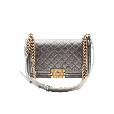 CHANEL Boy Medium Calfskin Metallic Silver With Gold Hardware And Chain Strap