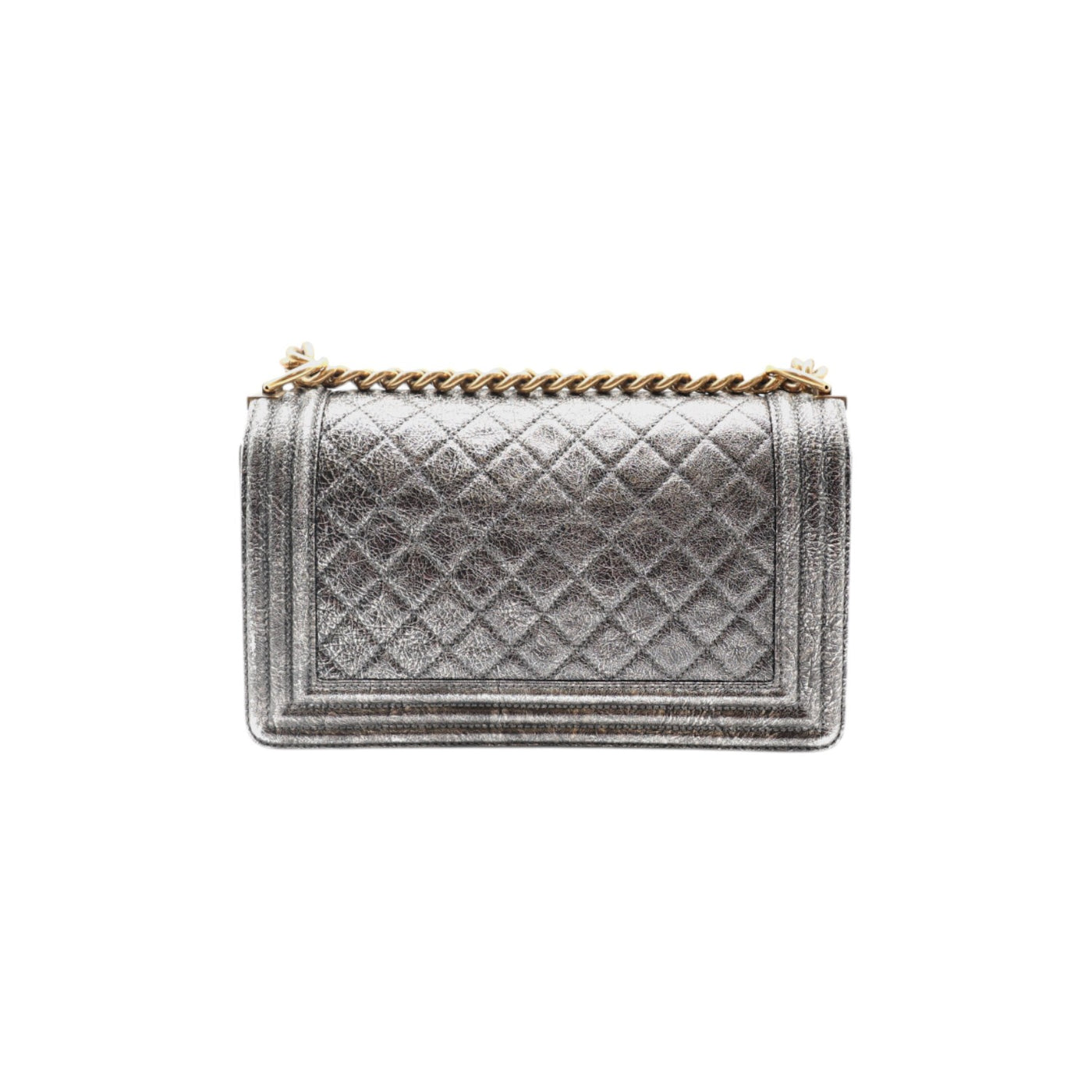 CHANEL Boy Medium Calfskin Metallic Silver With Gold Hardware And Chain Strap
