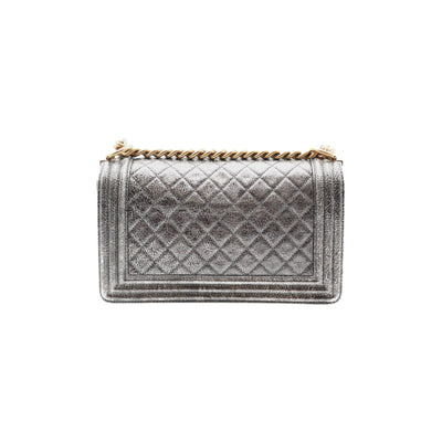CHANEL Boy Medium Calfskin Metallic Silver With Gold Hardware And Chain Strap