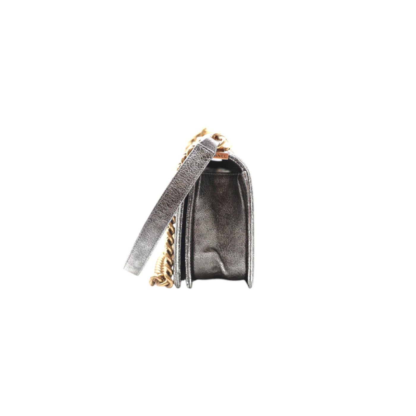 CHANEL Boy Medium Calfskin Metallic Silver With Gold Hardware And Chain Strap