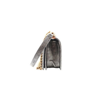 CHANEL Boy Medium Calfskin Metallic Silver With Gold Hardware And Chain Strap