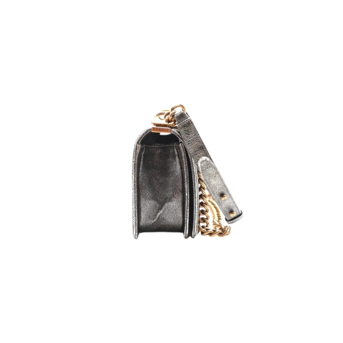 CHANEL Boy Medium Calfskin Metallic Silver With Gold Hardware And Chain Strap