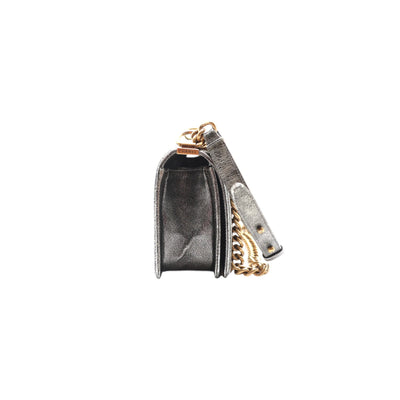CHANEL Boy Medium Calfskin Metallic Silver With Gold Hardware And Chain Strap
