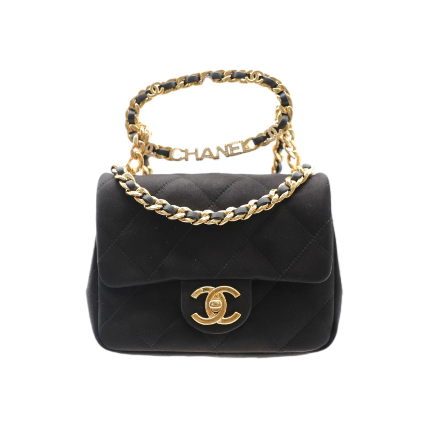 CHANEL Mini Top Handle Flap Bag Satin Quilted In Black