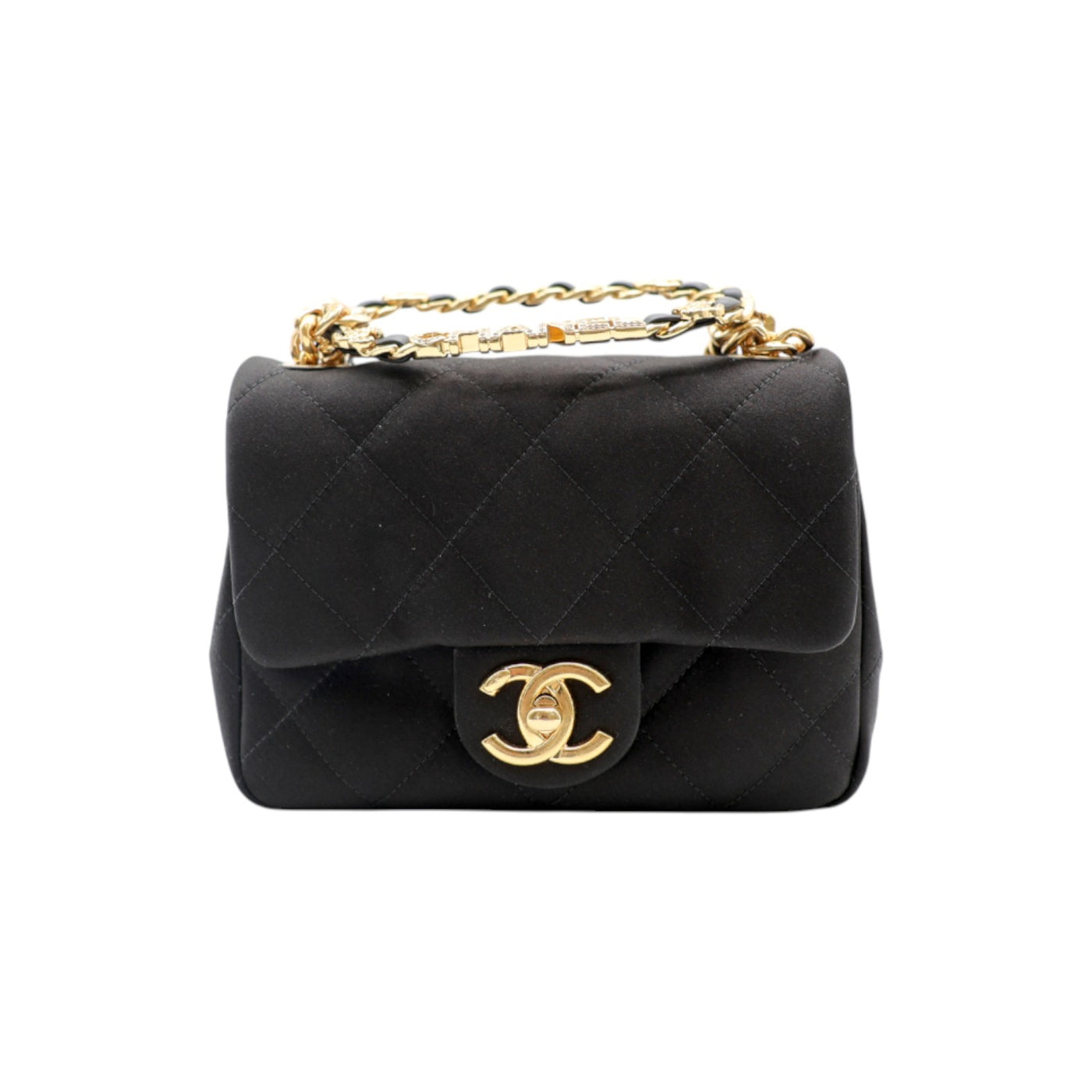 CHANEL Mini Top Handle Flap Bag Satin Quilted In Black