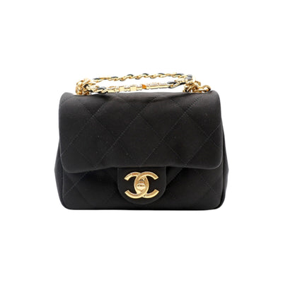 CHANEL Mini Top Handle Flap Bag Satin Quilted In Black