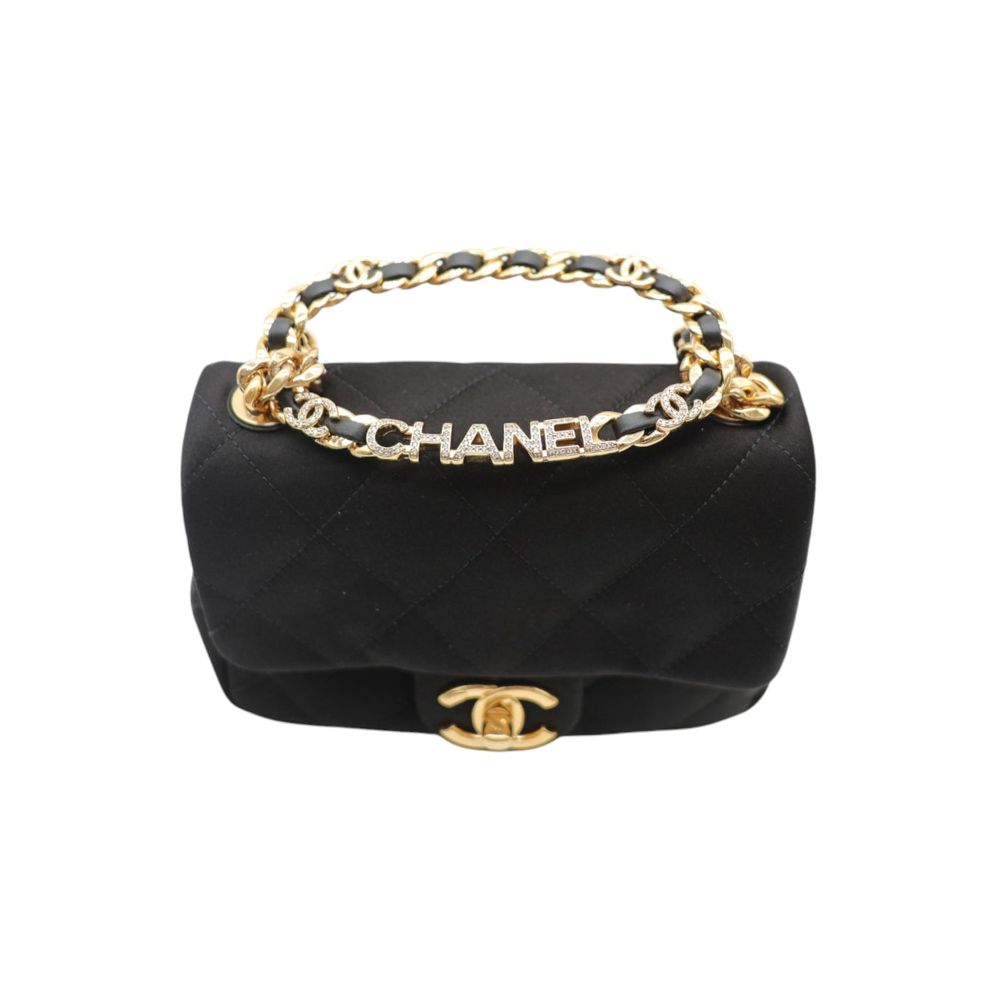 CHANEL Mini Top Handle Flap Bag Satin Quilted In Black