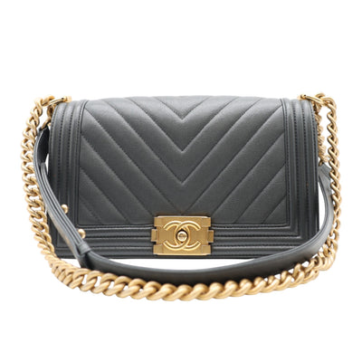 CHANEL Boy Medium Chevron Quilted Caviar Leather Bag In Dark Grey