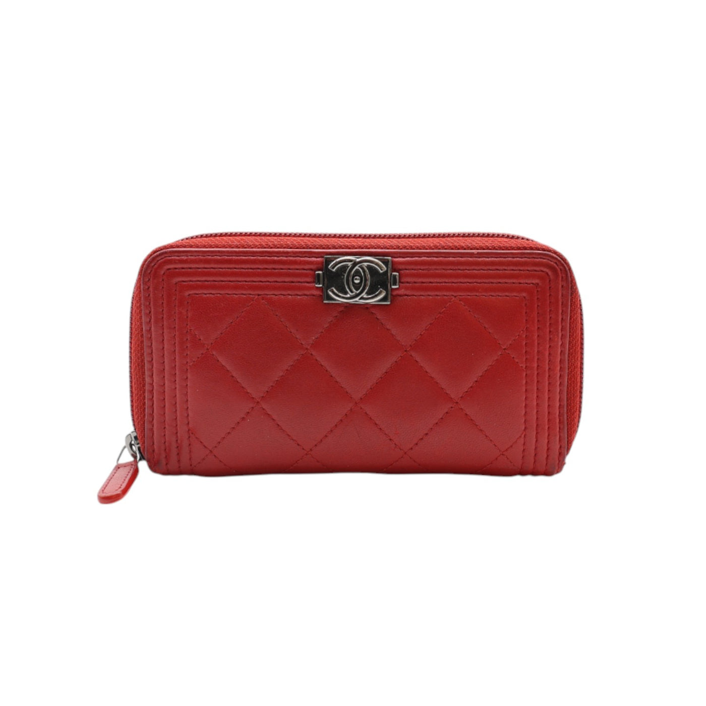 CHANEL Boy Lambskin Zip Around Wallet In Red