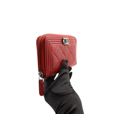 CHANEL Boy Lambskin Zip Around Wallet In Red