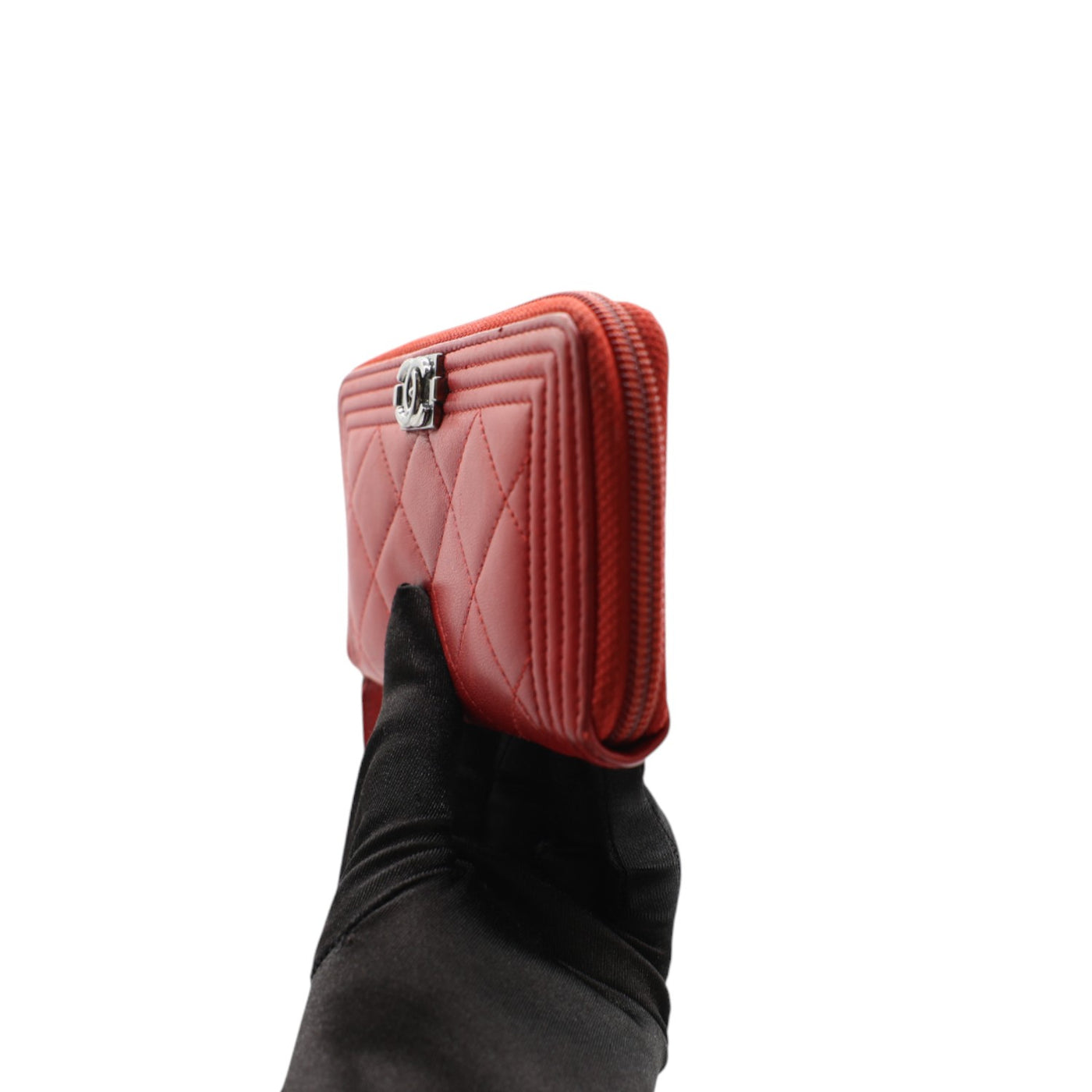 CHANEL Boy Lambskin Zip Around Wallet In Red