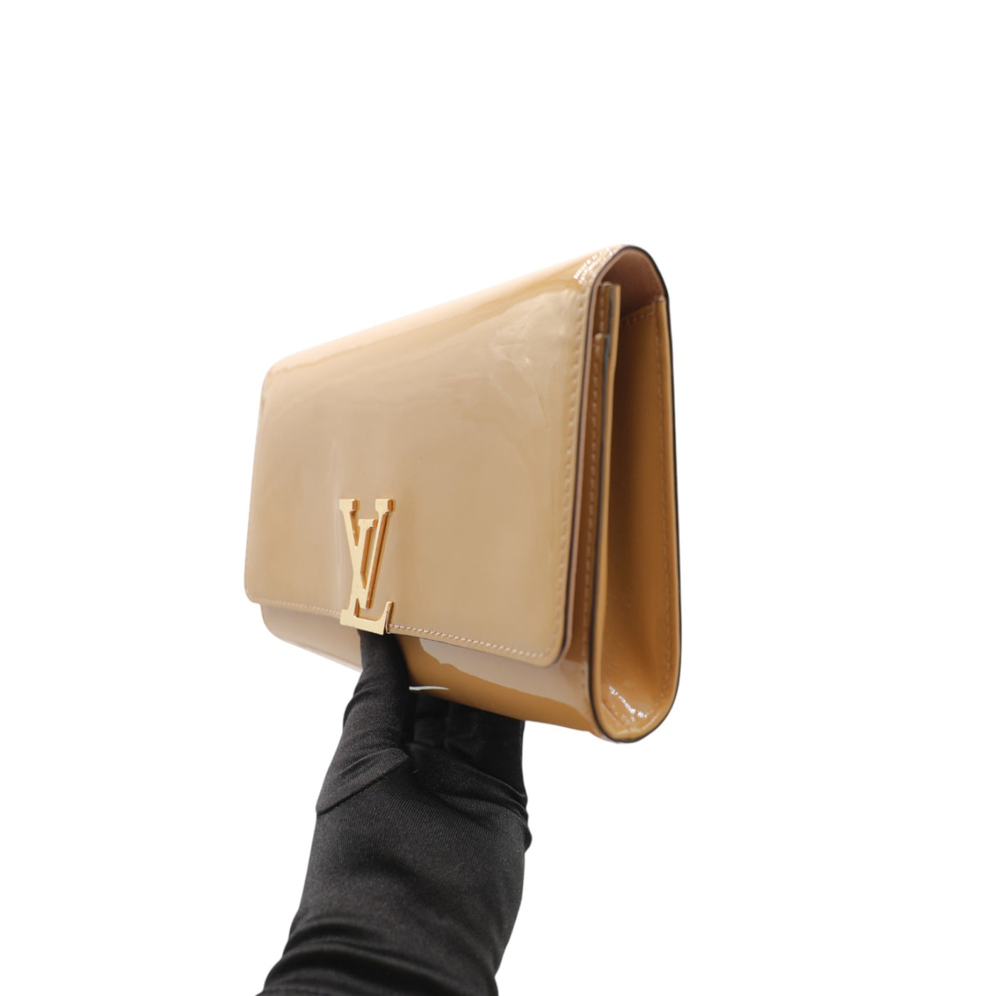 Louis Vuitton Patent Leather Louise Clutch In Beige