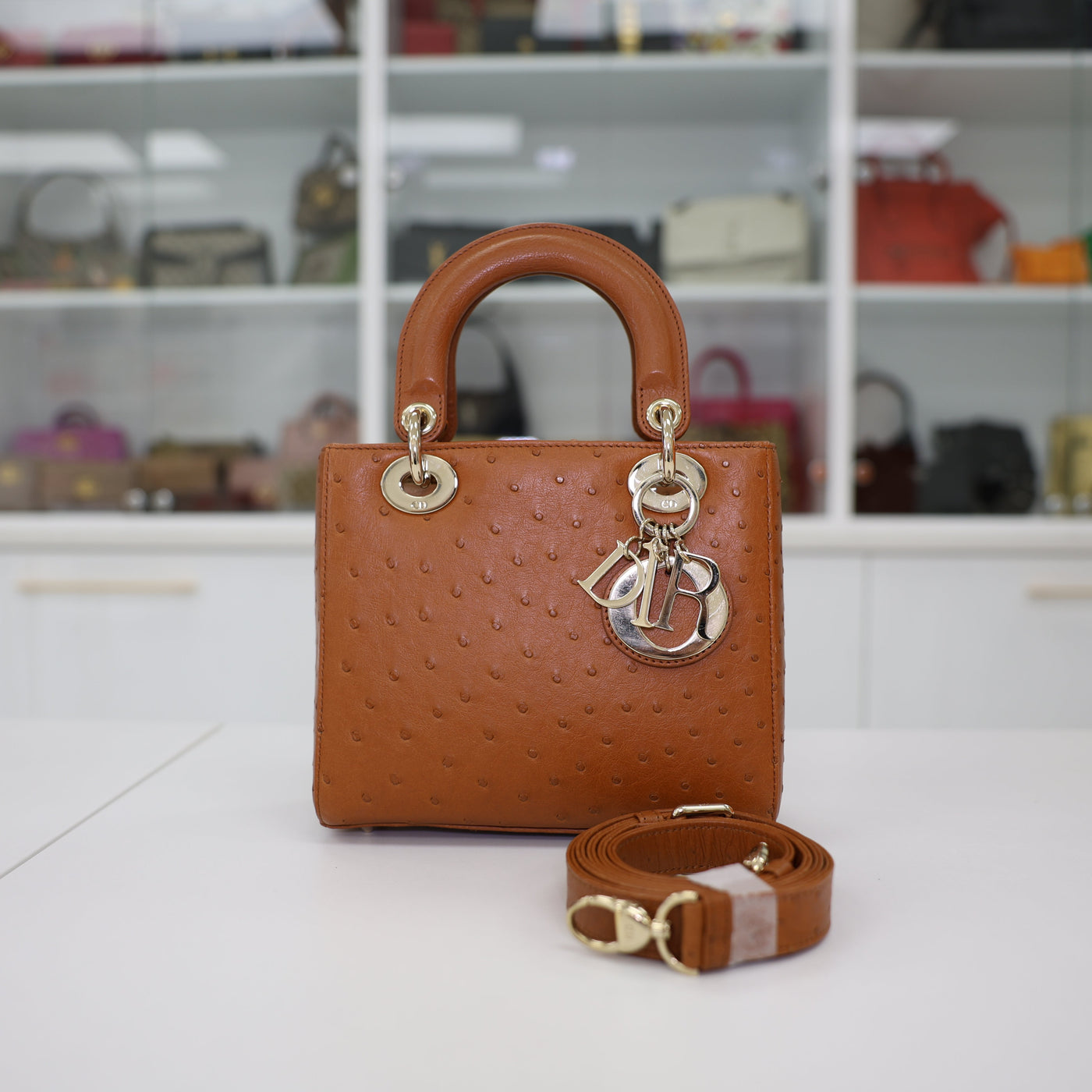 Christian Dior Lady Dior Ostrich Leather Handbag In Camel Brown