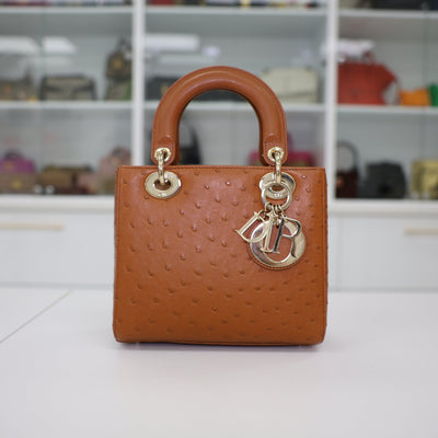 Christian Dior Lady Dior Ostrich Leather Handbag In Camel Brown