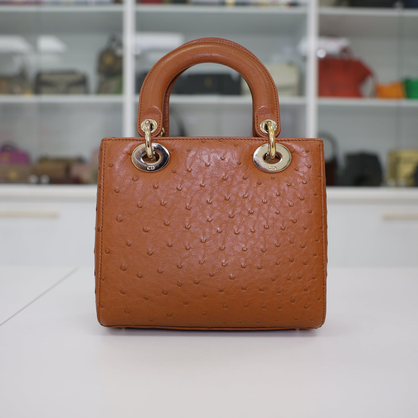 Christian Dior Lady Dior Ostrich Leather Handbag In Camel Brown