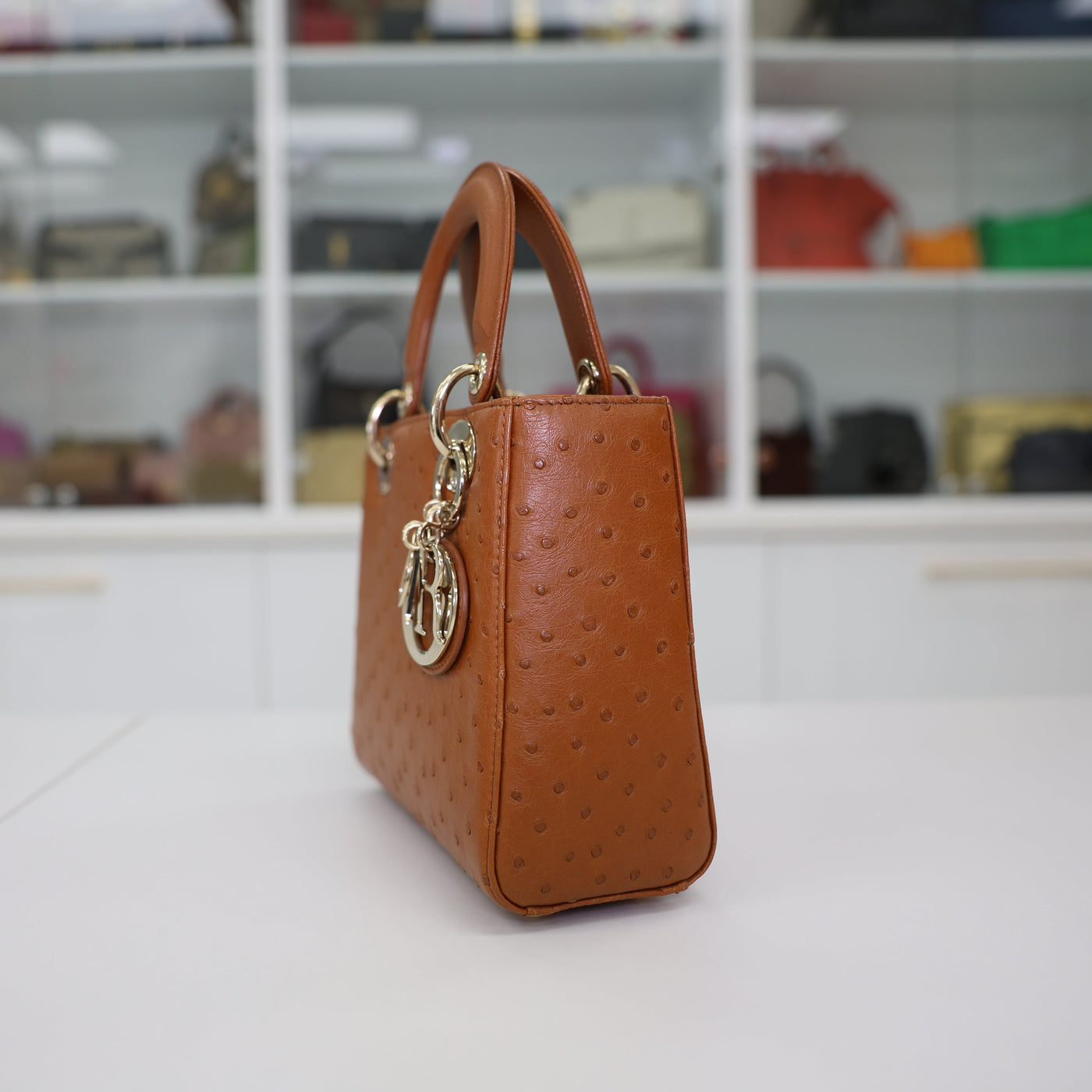 Christian Dior Lady Dior Ostrich Leather Handbag In Camel Brown